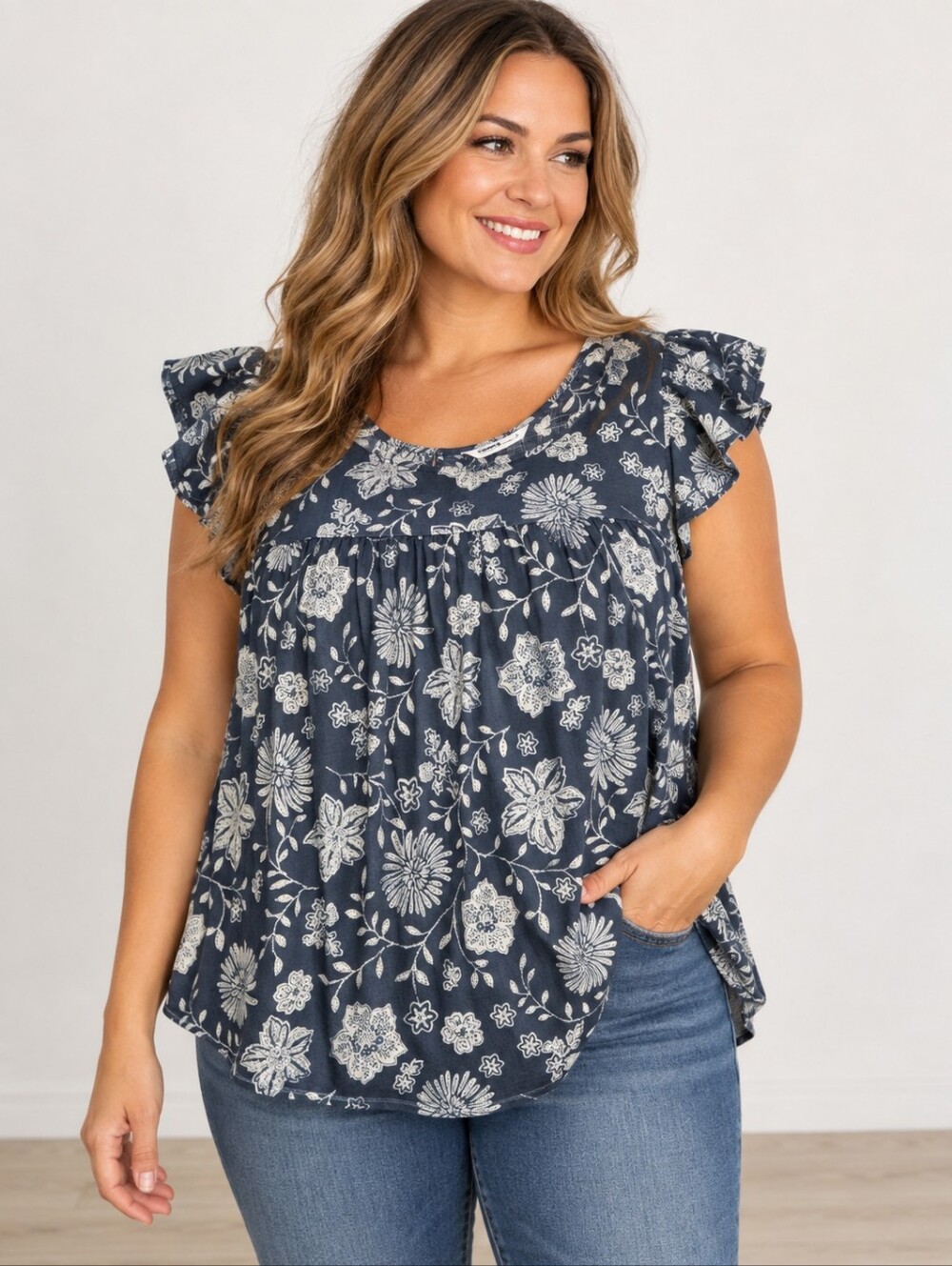 Sonoma Goods For Life Floral Flutter Sleeve Swing Blouse Plus 1X Blue Boho Plus